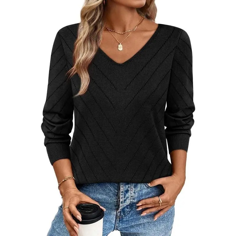 V-Neck Knit Sweater for Women - Apricot Basic Fitted Minimalist Crochet Details Breathable Lightweight Pullover Top