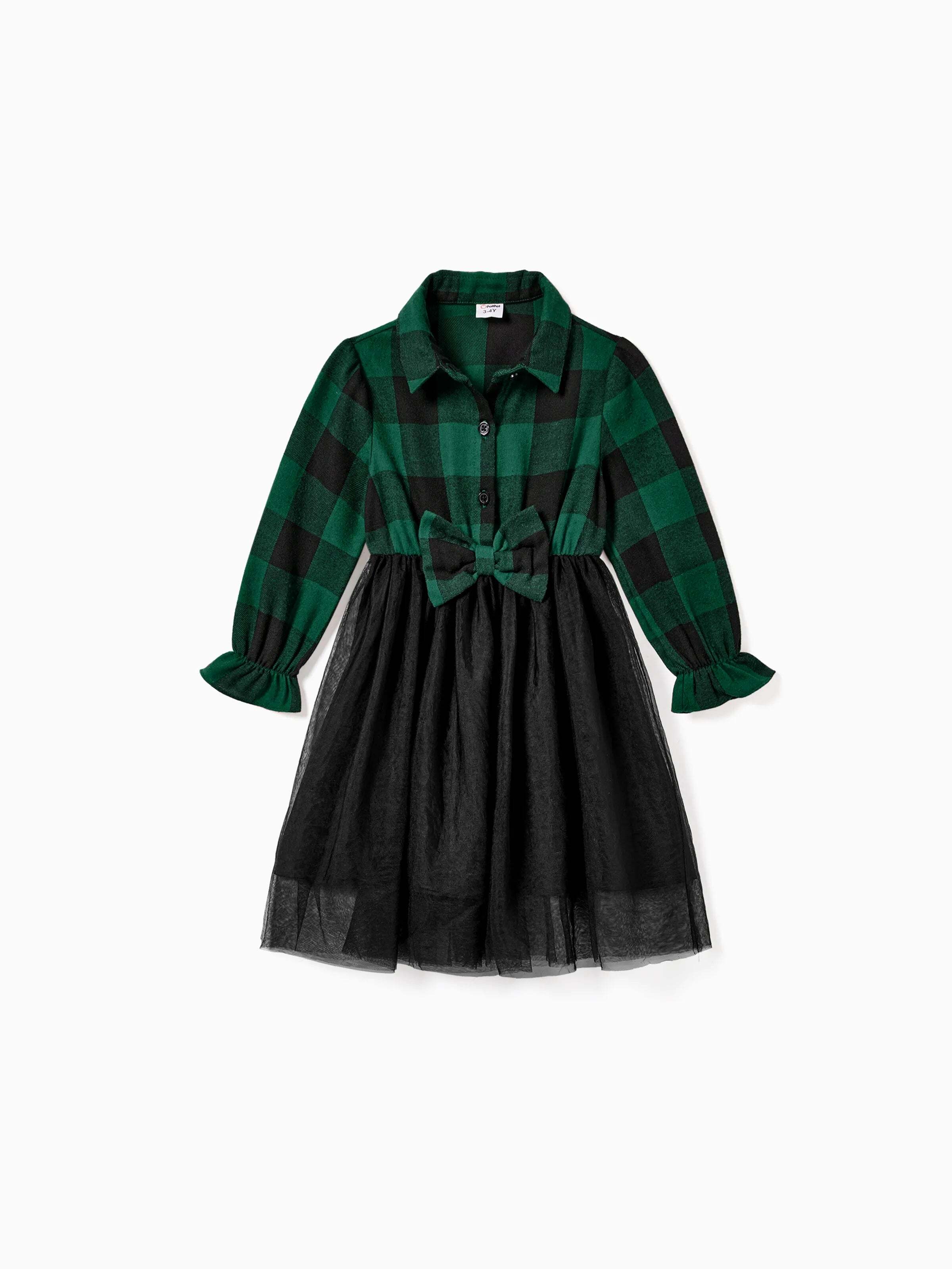 Family Matching Sets Green Plaid Long Sleeves Shirt or Tulle Mesh Dress DarkGreen