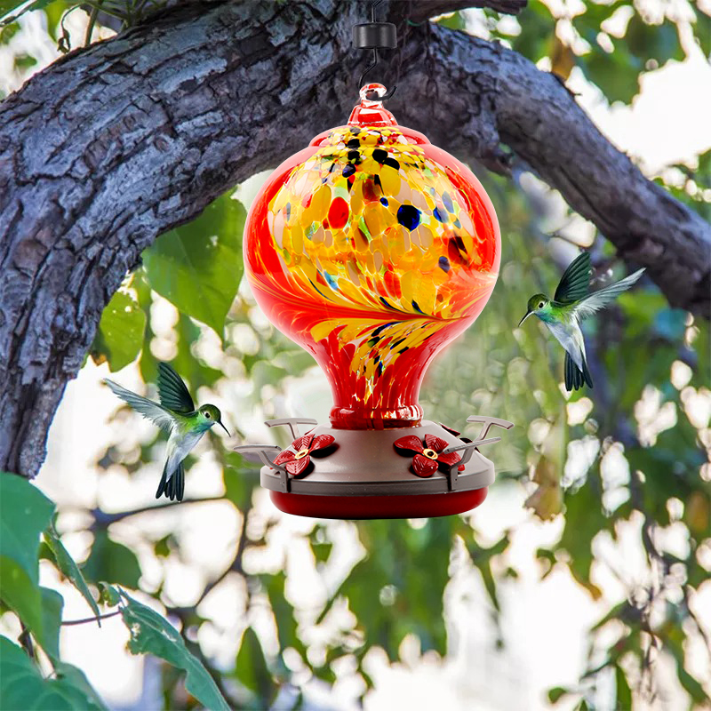Hand Blown Glass Hummingbird Feeder  - 32 Ounces