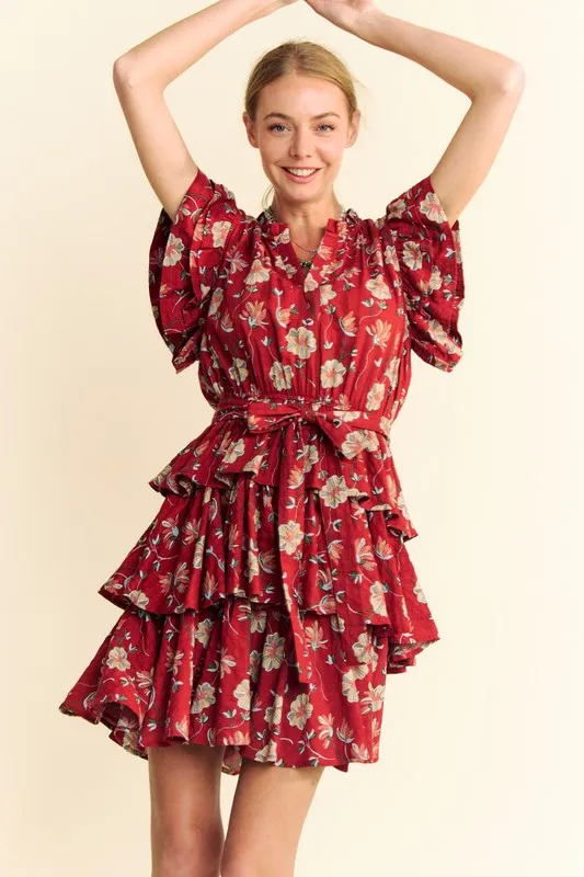 Ruffle Flutter Sleeve Tie Belt Tiered Mini Dress