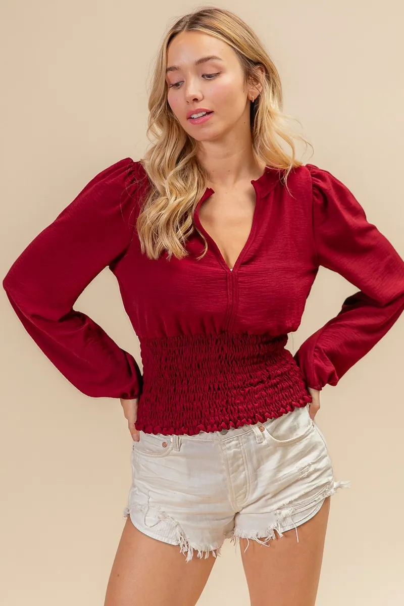 Smoking Waist Band and Puff Sleeves Deep V Neck Top