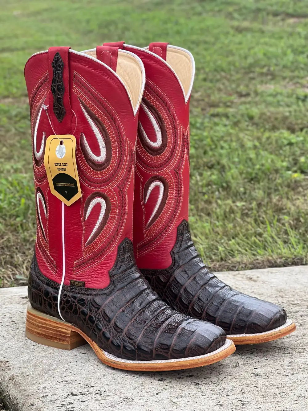 Men’s Brown Crocodile Horn-Back Leather Boots With Red Shaft