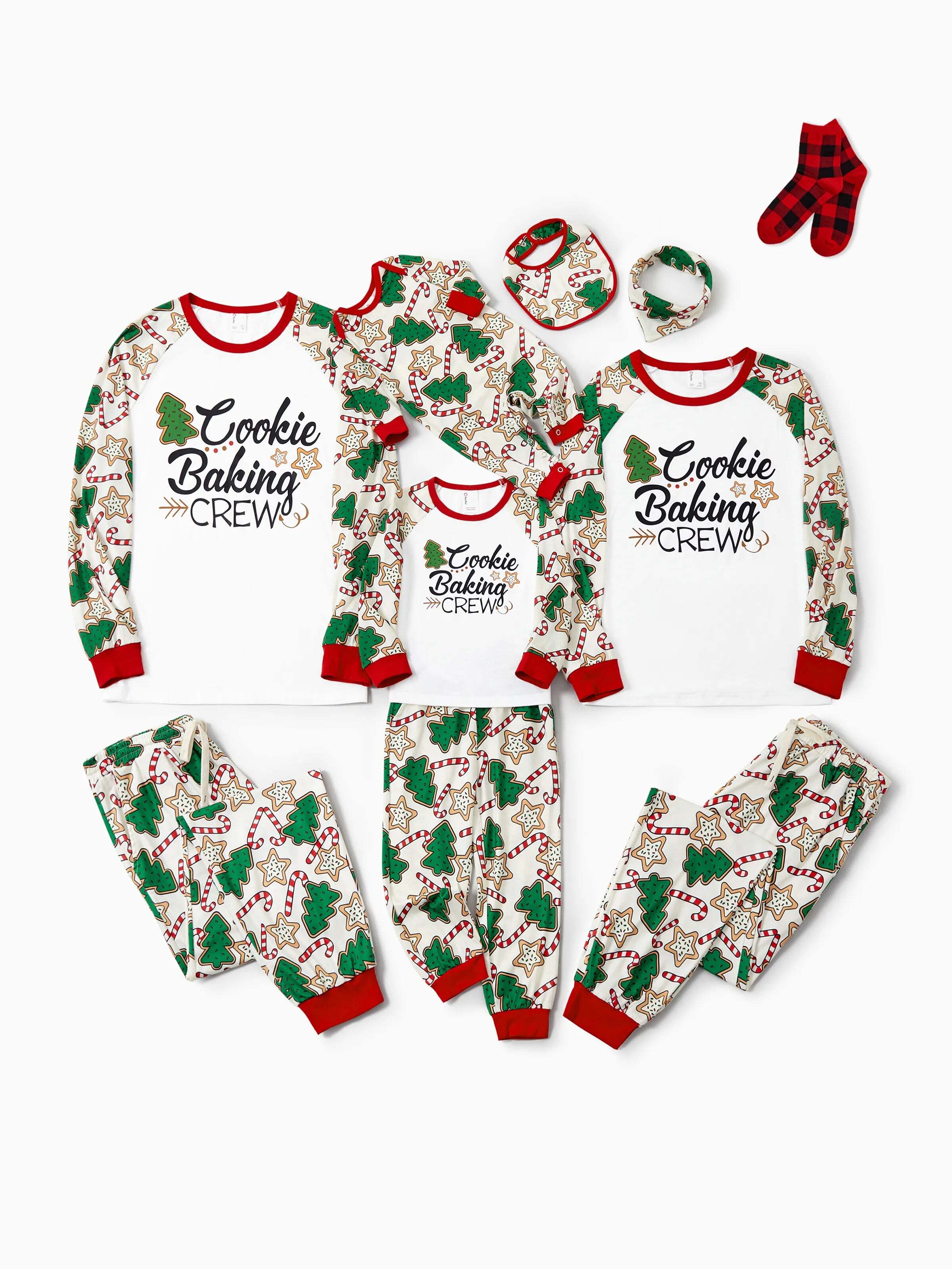 Christmas Matching Family Pajamas Set Christmas Tree Print Red and Apricot PJS with Christmas Socks Apricot