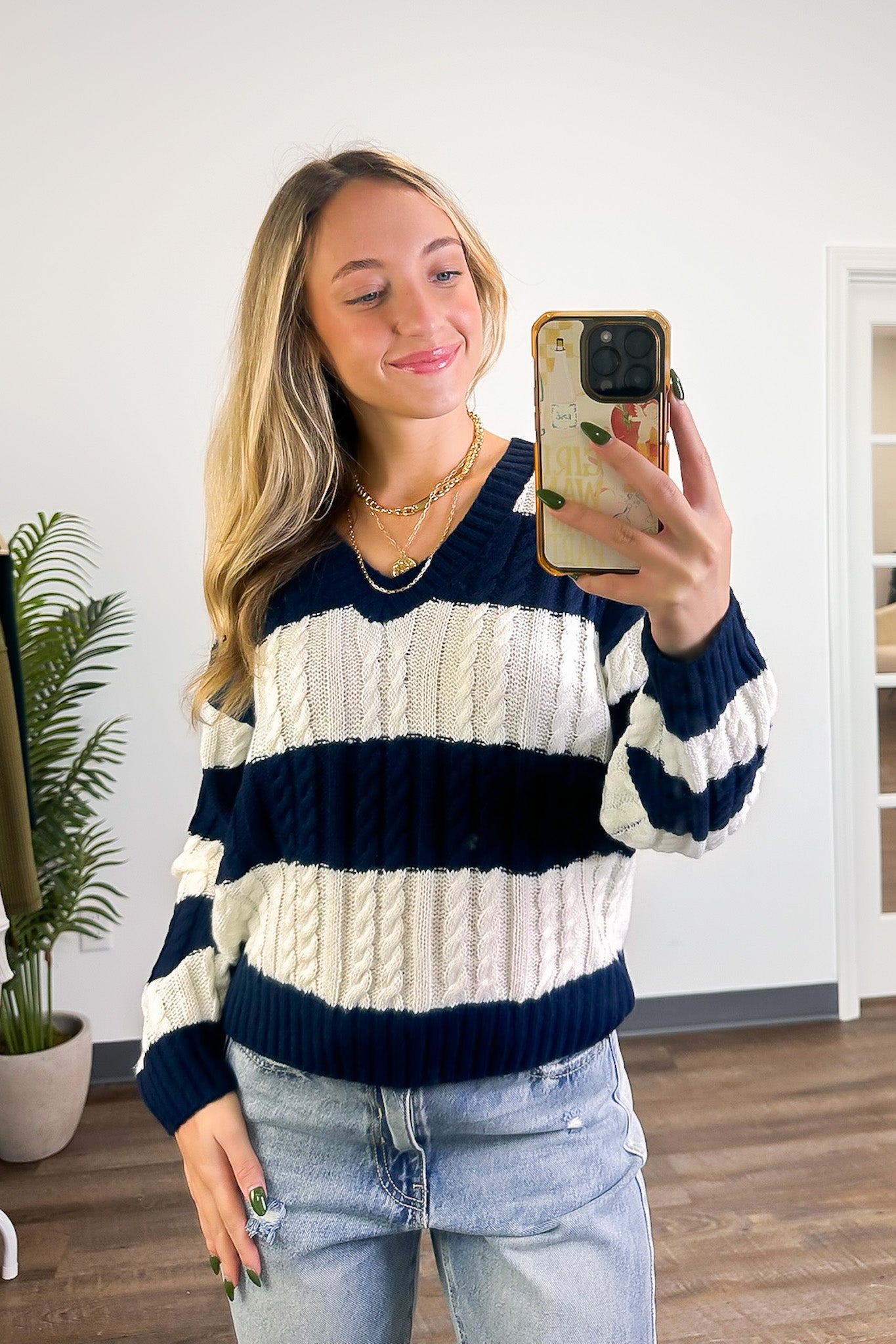 V-Neck Striped Cable Knit Sweater
