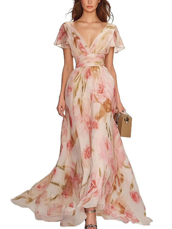 Flower Printed Ruffled Short Sleeves Elegant Chiffon Maxi Dresses
