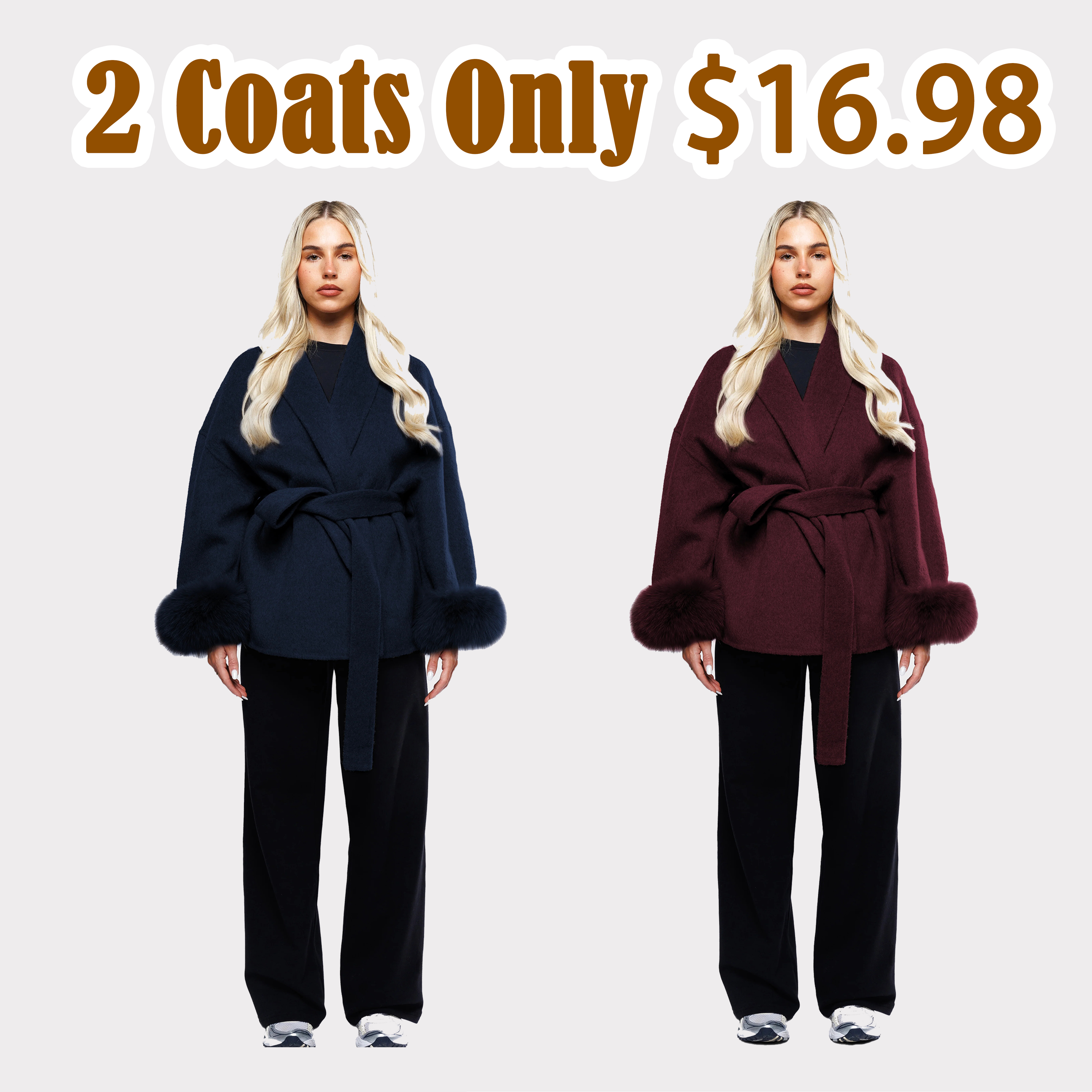 100% Wool - Short Coat - Luxury Detachable fox fur cuffs