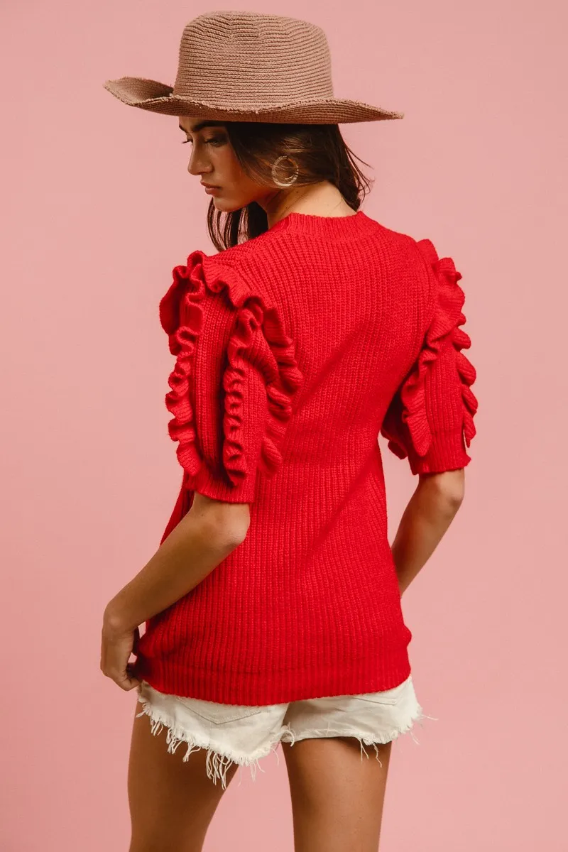 Solid Knit Ruffled Sleeves Top