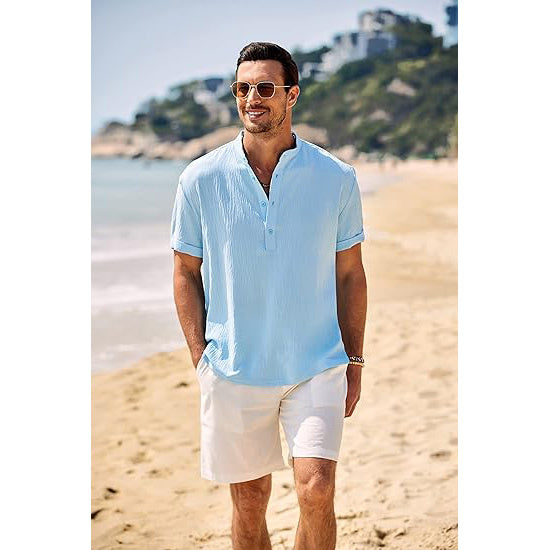 Men's Casual Henley Shirt Band Collar Short Sleeve Shirt Summer Beach Hippie T-Shirt