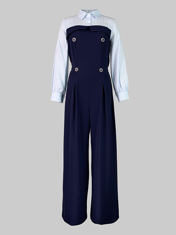 High Waisted Long Sleeves Buttoned Pleated Split-Joint Lapel Jumpsuits