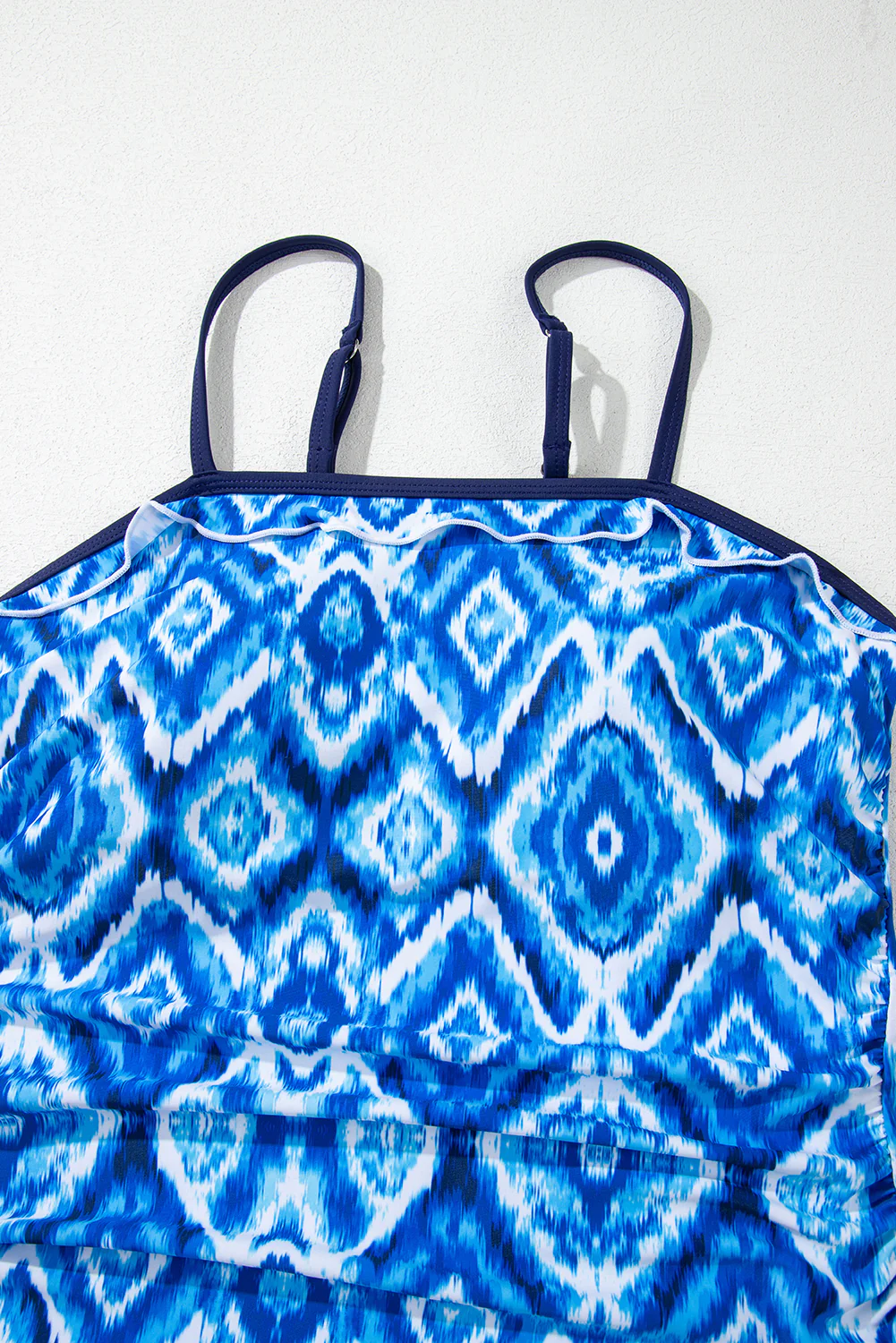 Navy Blue Abstract Print Frilled Trim Spaghetti Straps Tankini Set