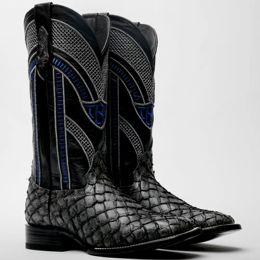 Grey Mini Pirarucu Leather Boots - Square Toe