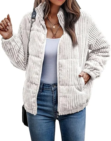Women's Bomber Jacket Corduroy Ribbed Quilted Zip Up Long Sleeve Winter Coat Fall Outerwear Tops with Pockets