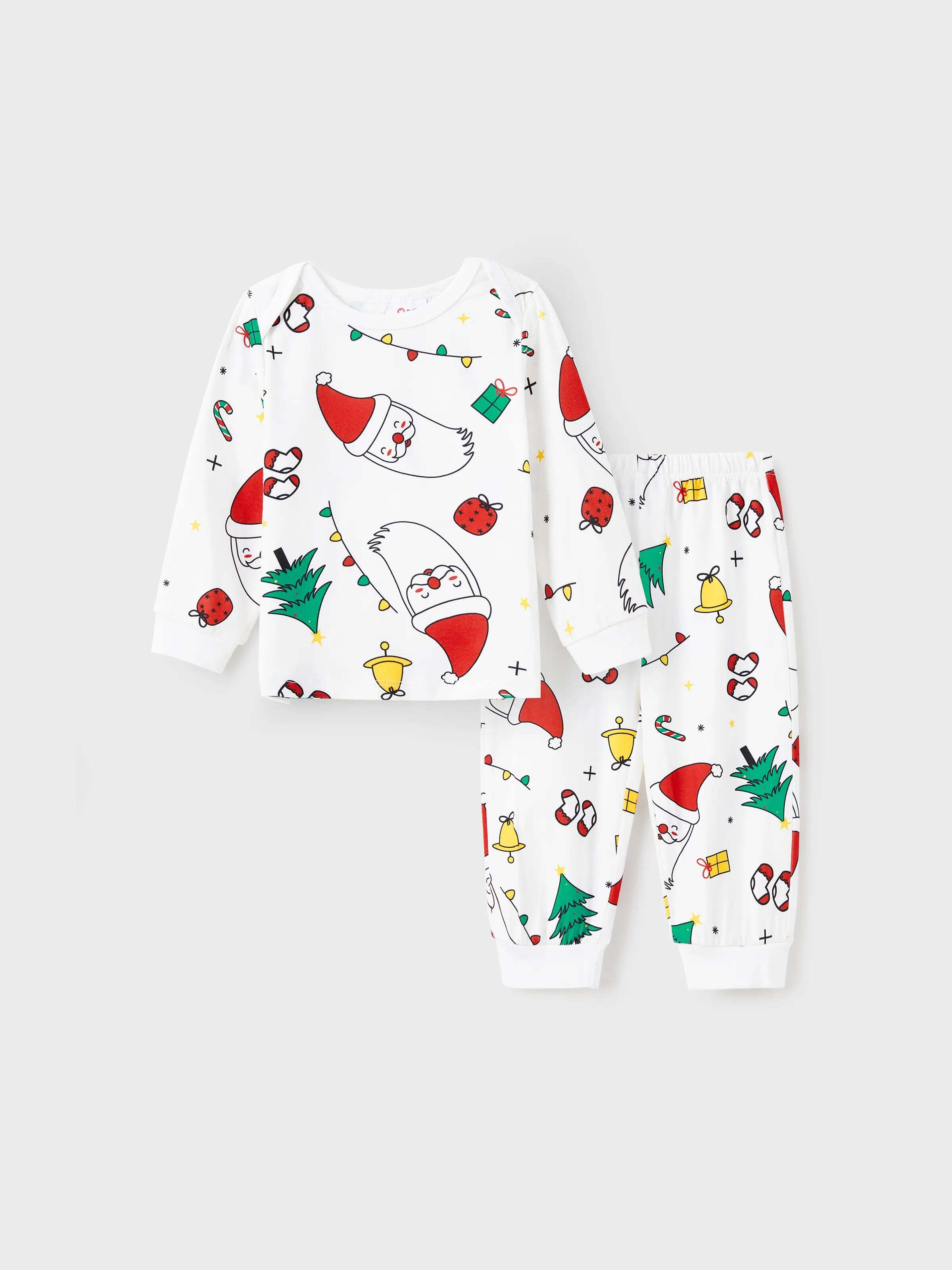Christmas Family Matching Colorful Festival Theme Print Long Sleeve Pajamas Sets with Christmas Socks White