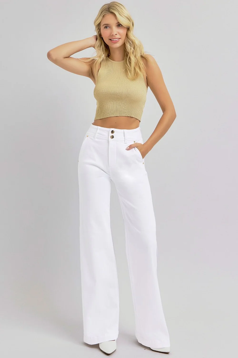 Full Size Tummy Control Double Button Wide Leg Jeans