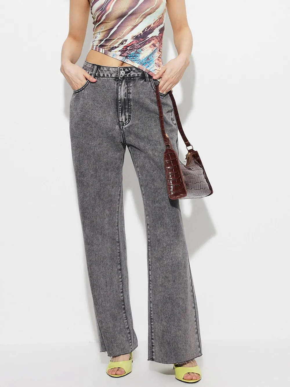 High Waist Mineral Wash Bootcut Jeans with Pockets