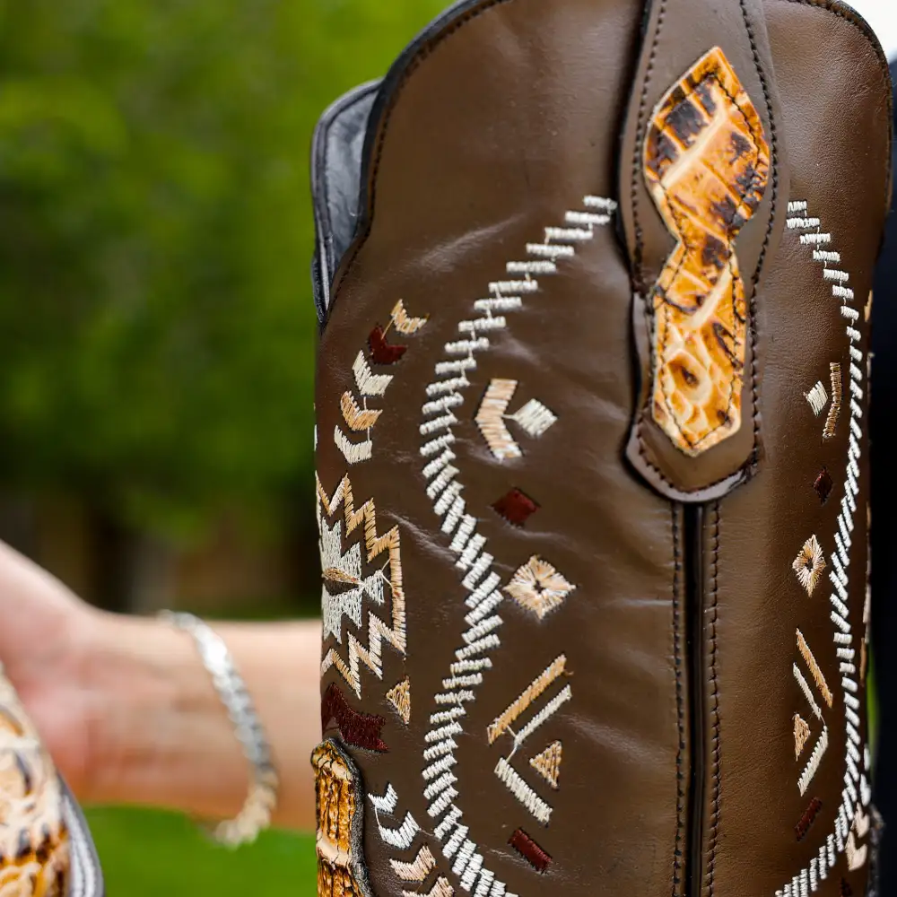 Bone Caiman Neck Leather Boots - Square Toe