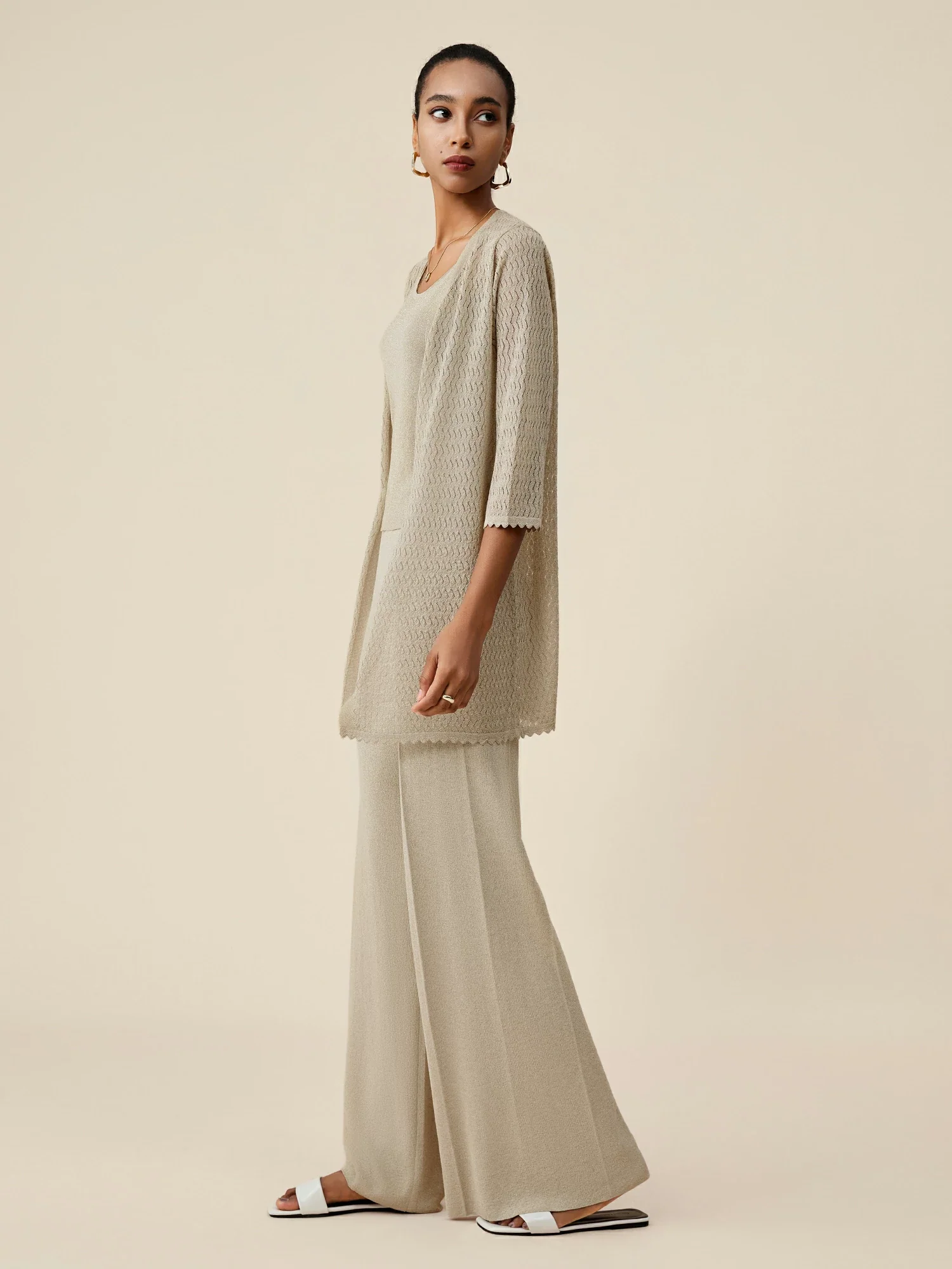 Gold Silver Yarn Mid-Sleeve Simple Cardigan