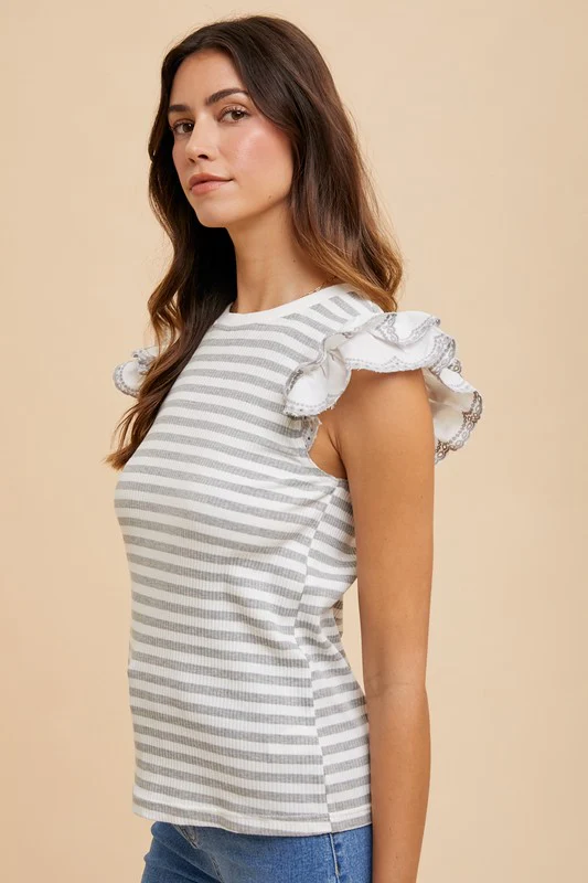 Wear Ruffled Striped Round Neck Cap Sleeve Knit Top