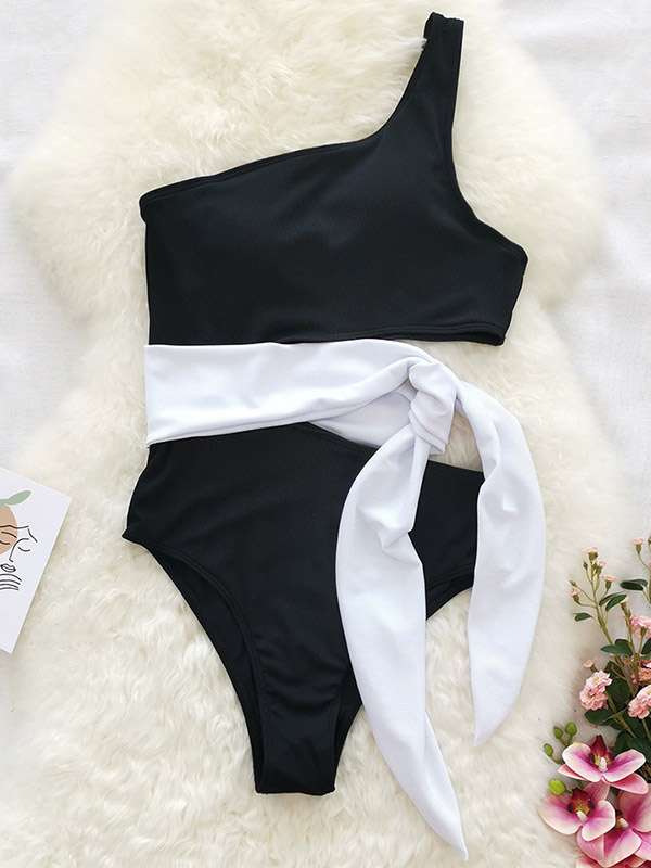 One-Shoulder Belly-Hollow Bandage Split-Joint One-Piece Swimsuit
