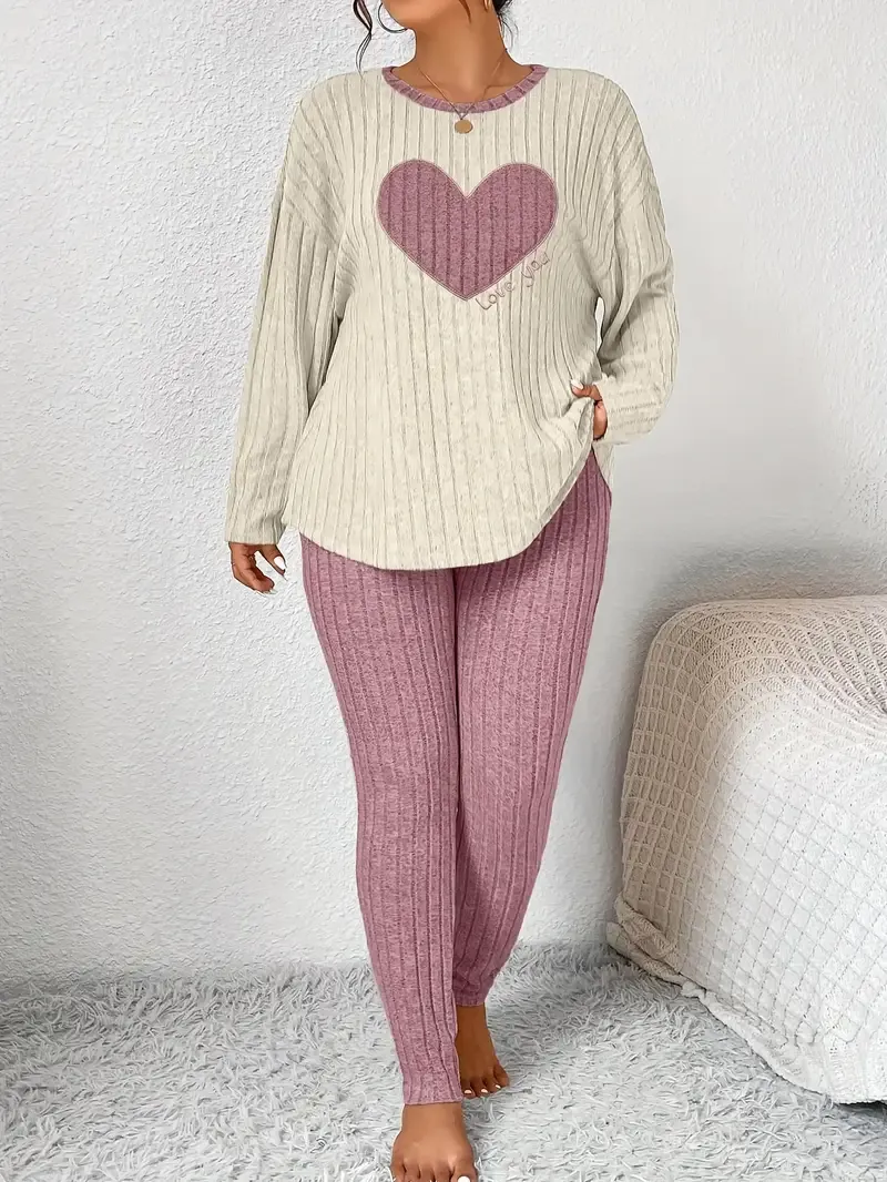 Plus Size Heart Fitted Long Sleeve And Long Pants Loungewear Set
