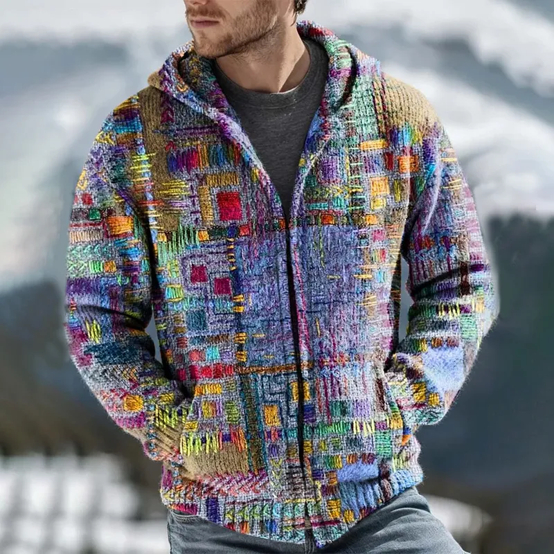 Men's Vintage Purple Patchwork Ethnic Art Print Button Stand Collar Knit Pullover Sweater