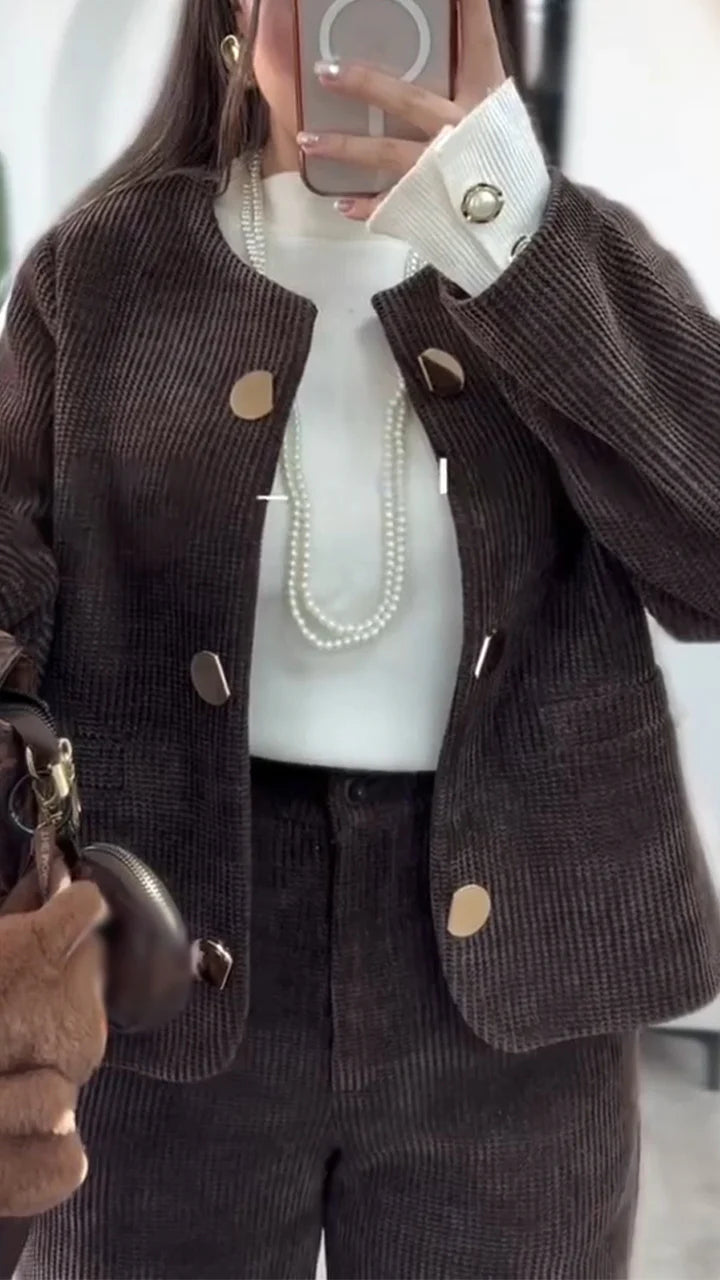 Women Round-neck Button-down Jacket + Pants Casual Suit