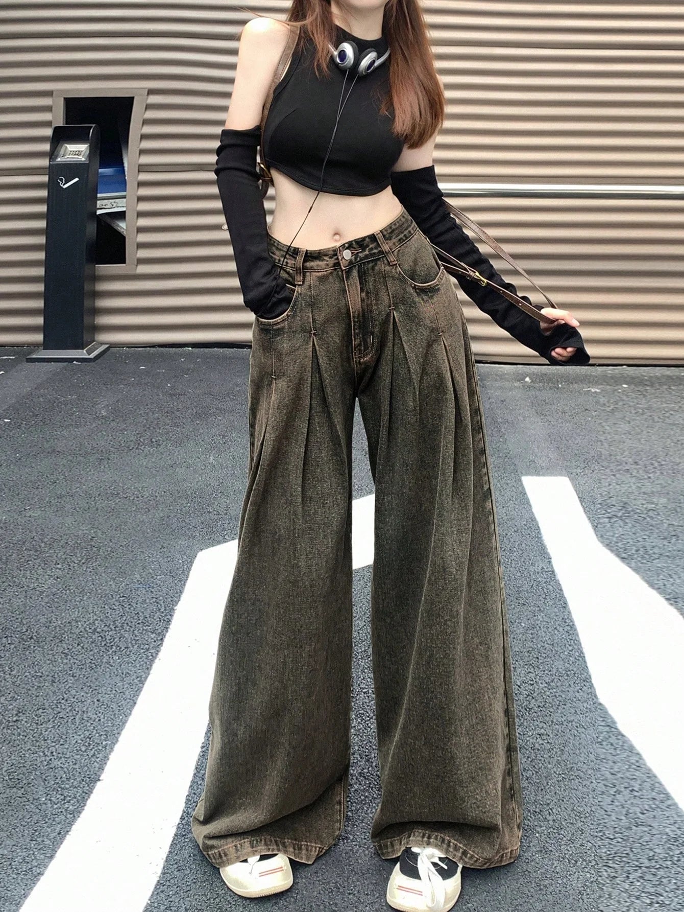 Rustic Cocoa Pleated Extra Wide Leg Jeans