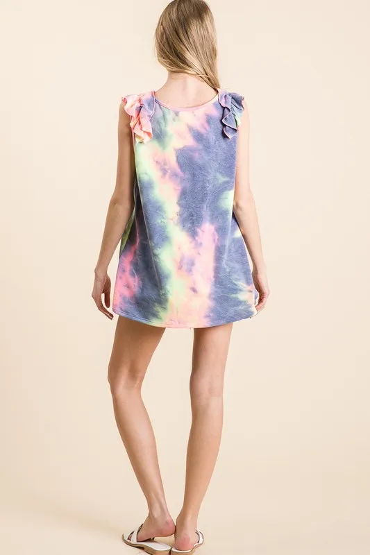 Tie Dye French Terry V Neck Top with Ruffle
