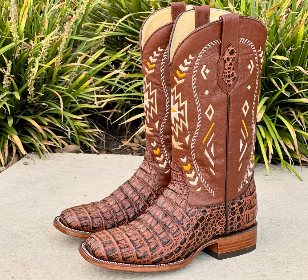 Mens Cognac Crocodile Horn-Back Leather Boots