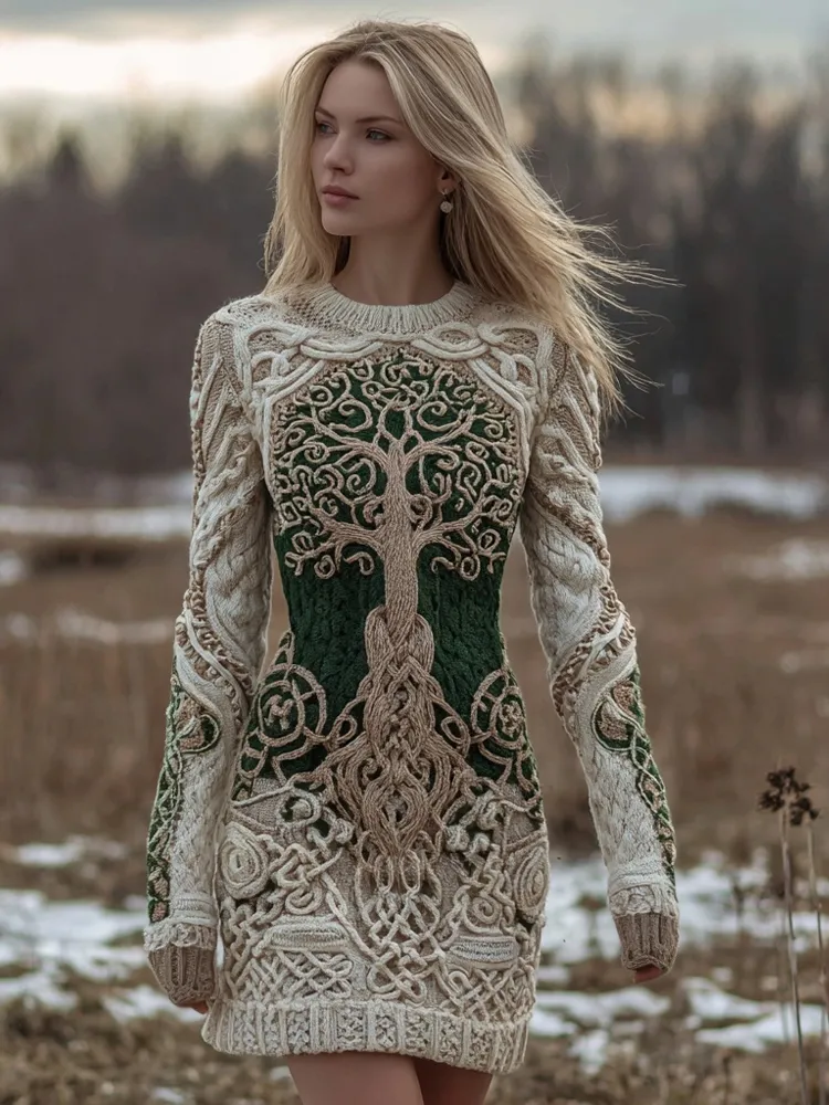 Vintage Viking Tree Of Life Cozy Knit Sweater Dress