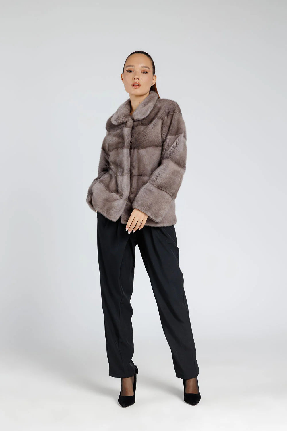 Haină din Blană Naturală de Vizon, Short, Femei, Silver Blue 233