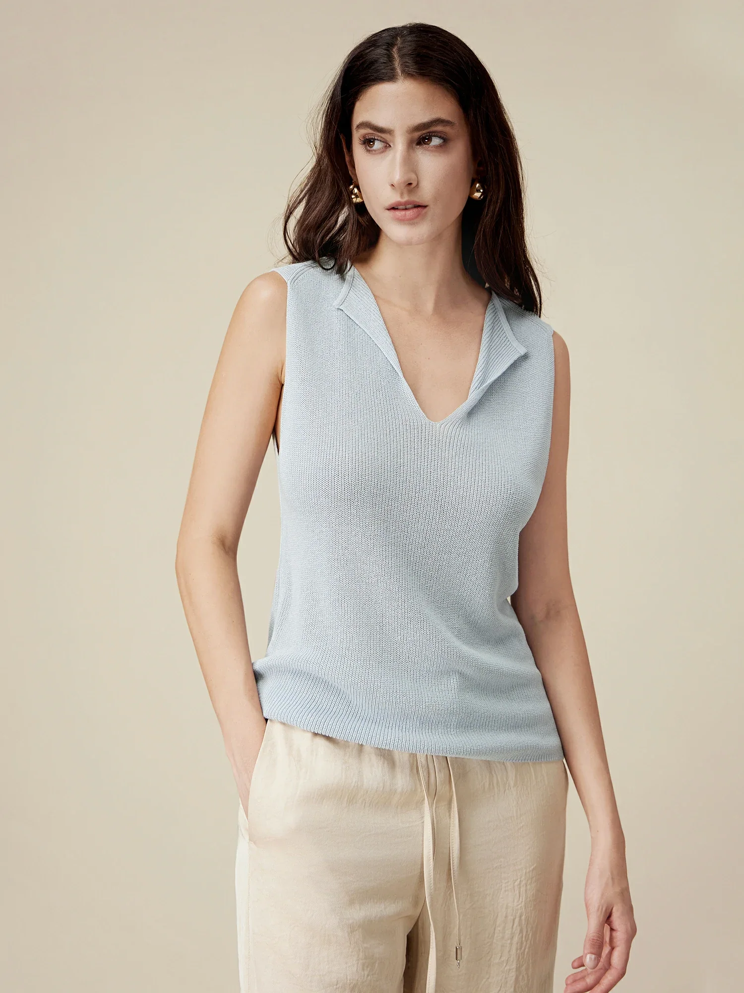Linen & Lyocell Sleeveless Lapel Casual Tank