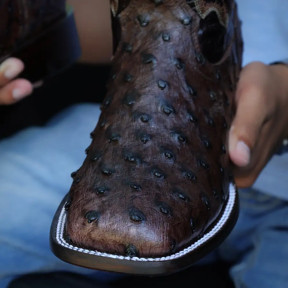 Men’s Chocolate Ostrich Leather Boots — Square Toe