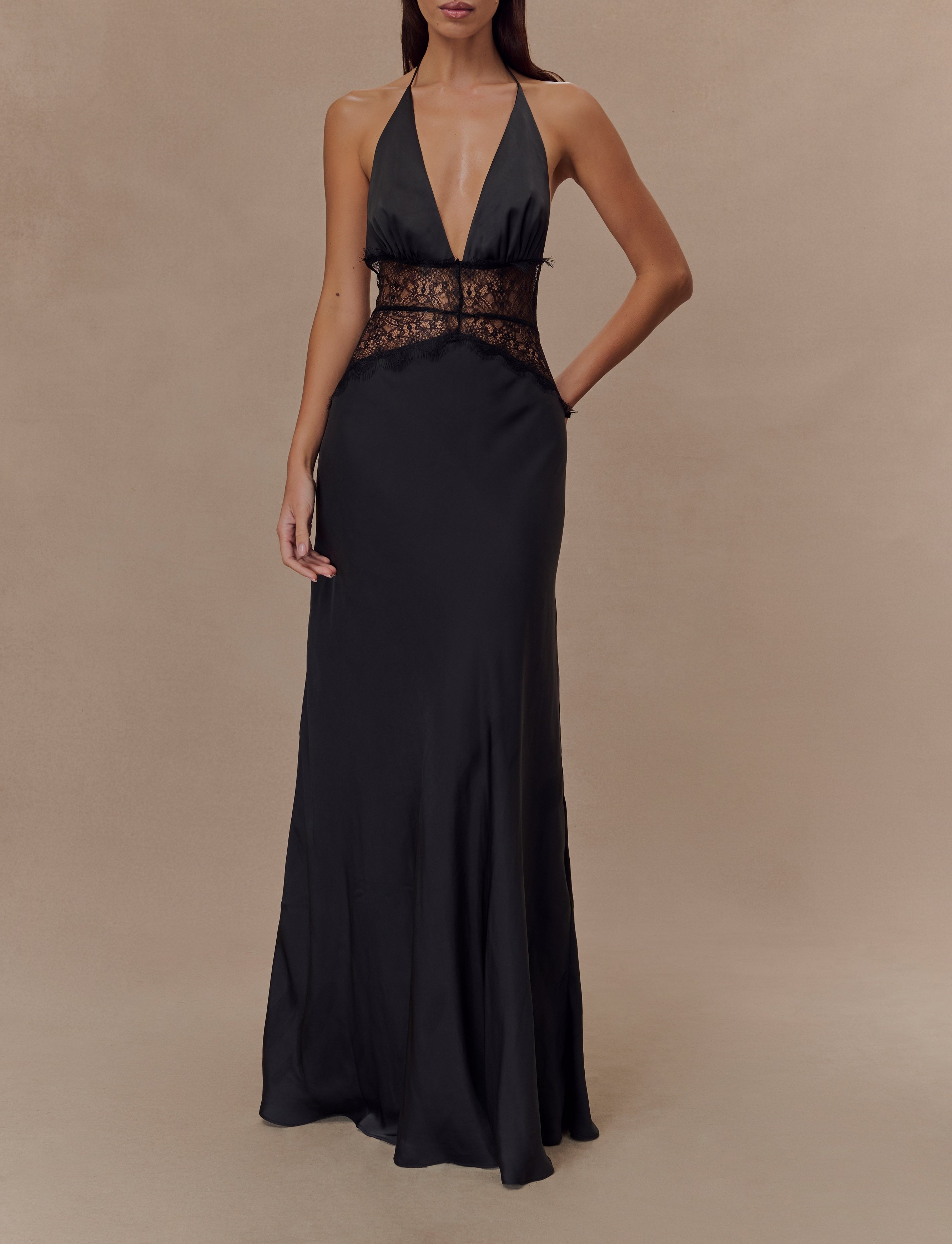 Black Lace And Satin Maxi Dress