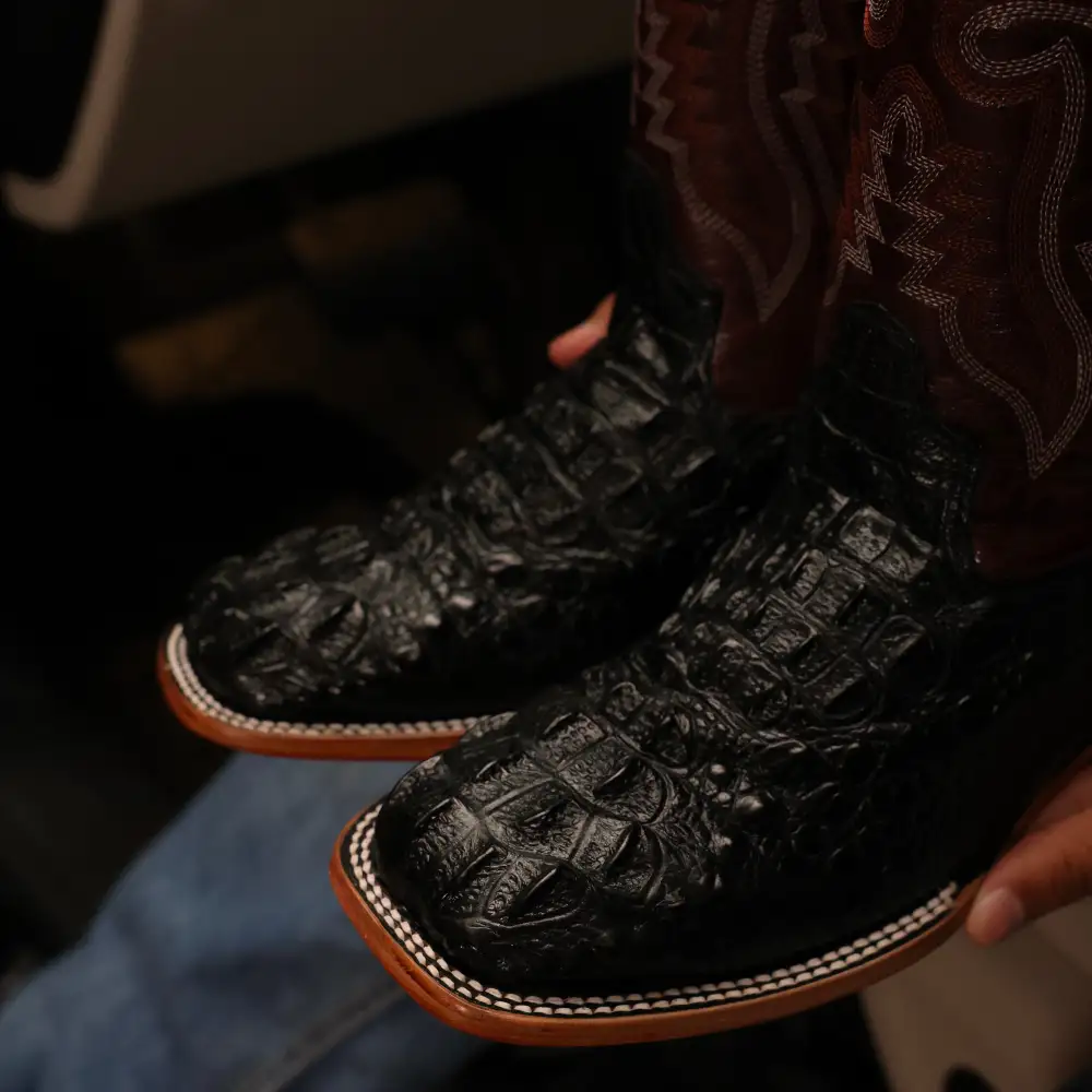 Black Caiman Leather Boots - Square Toe
