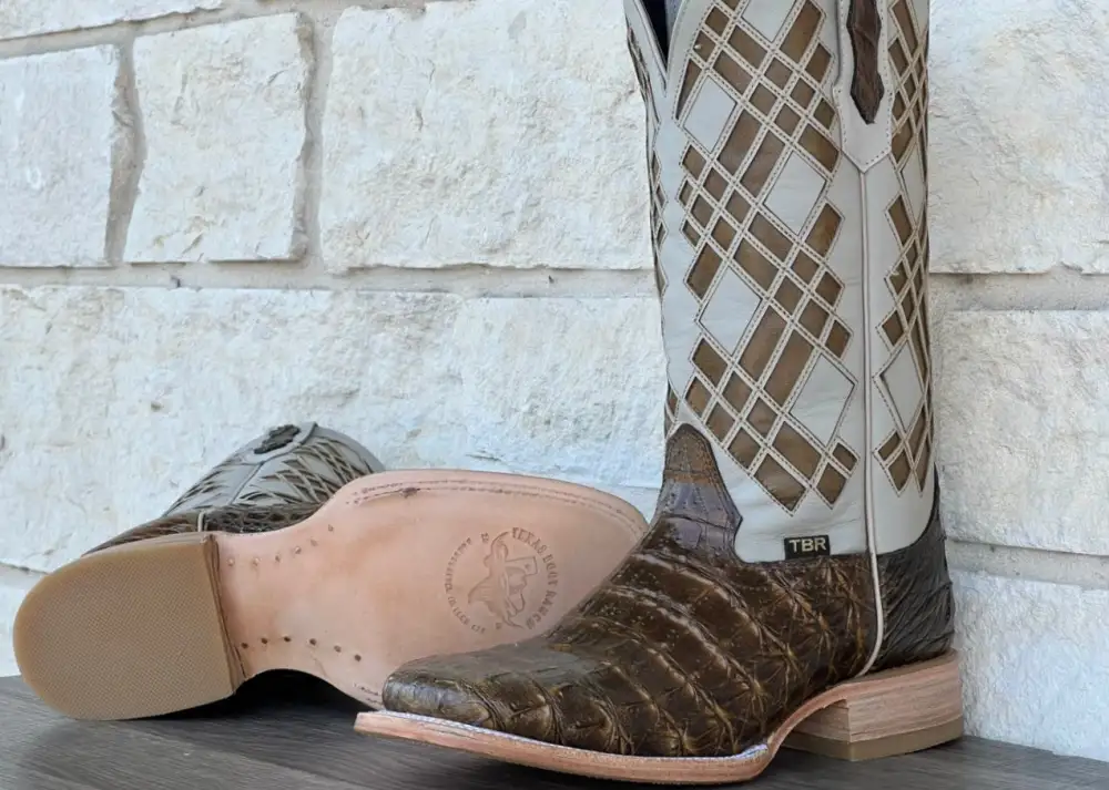 Men’s Honey Rustic Caiman Horn-Back Leather Boots.