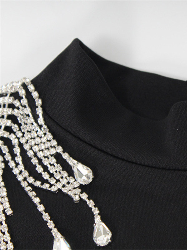 Back Cross Split-side Tasseled Long Sleeves Skinny High Neck Midi Dresses Maxi Dresses Evening Dresses