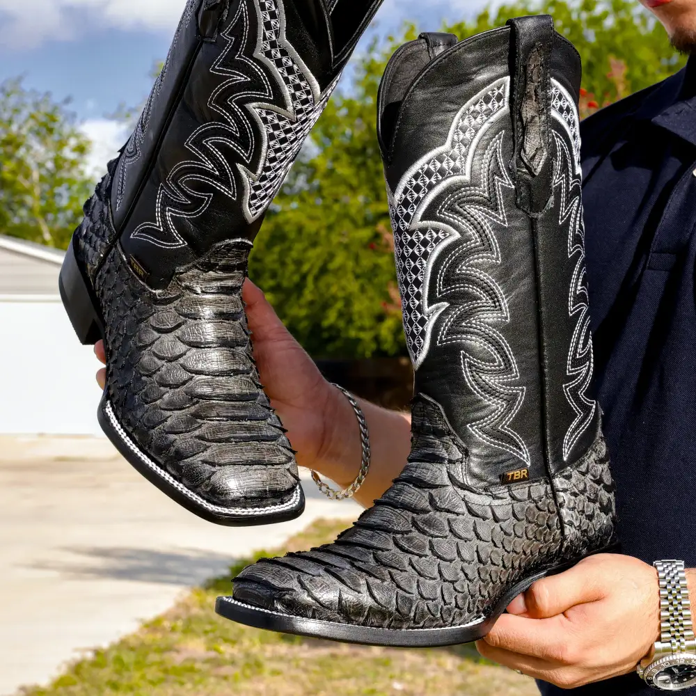 Grey Python Leather Boots - Square Toe