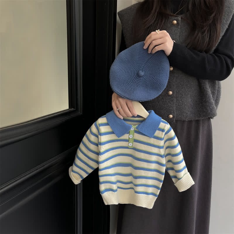 Baby Blue Striped Polo Romper/Sweater