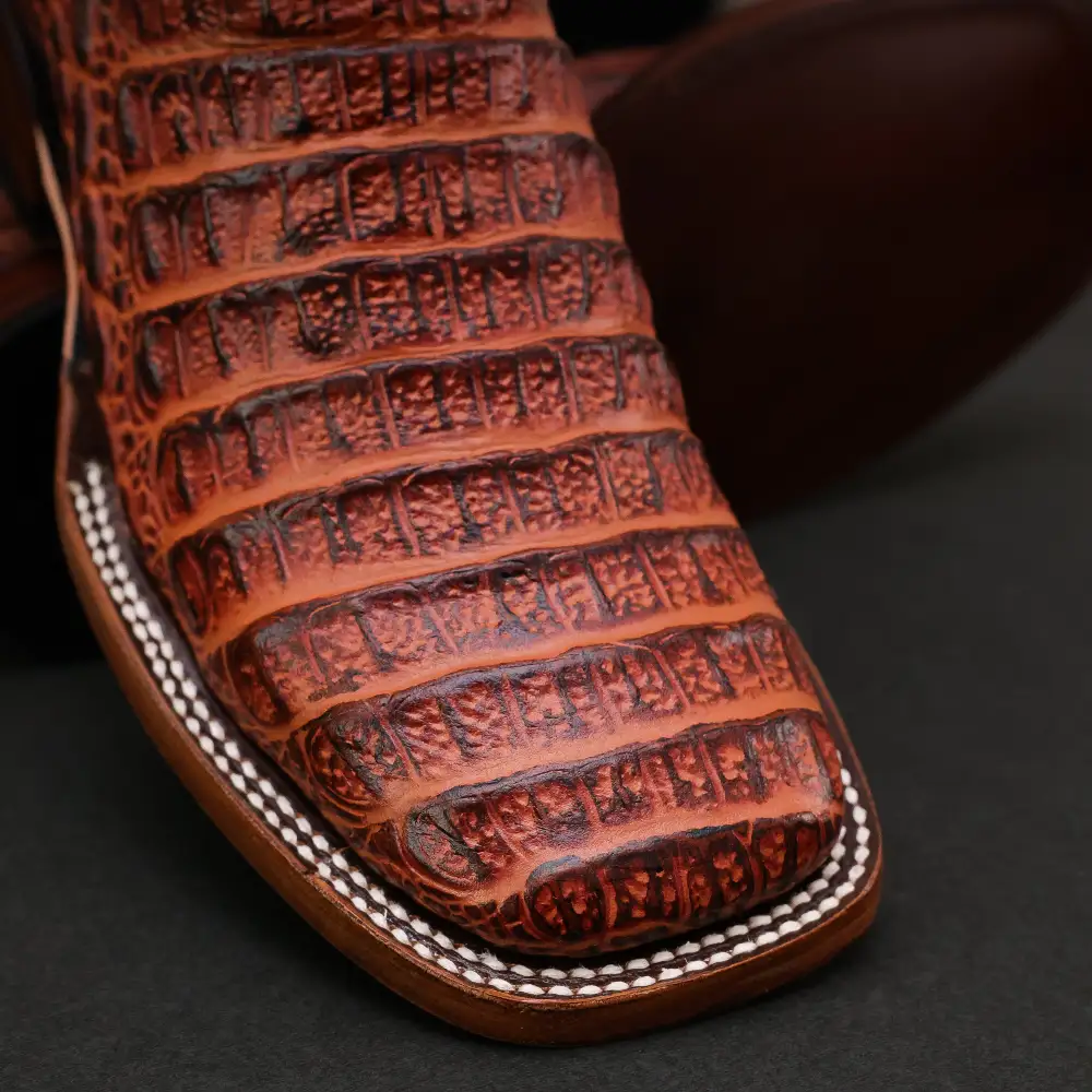 Cognac Caiman Back Leather Boots - Square Toe