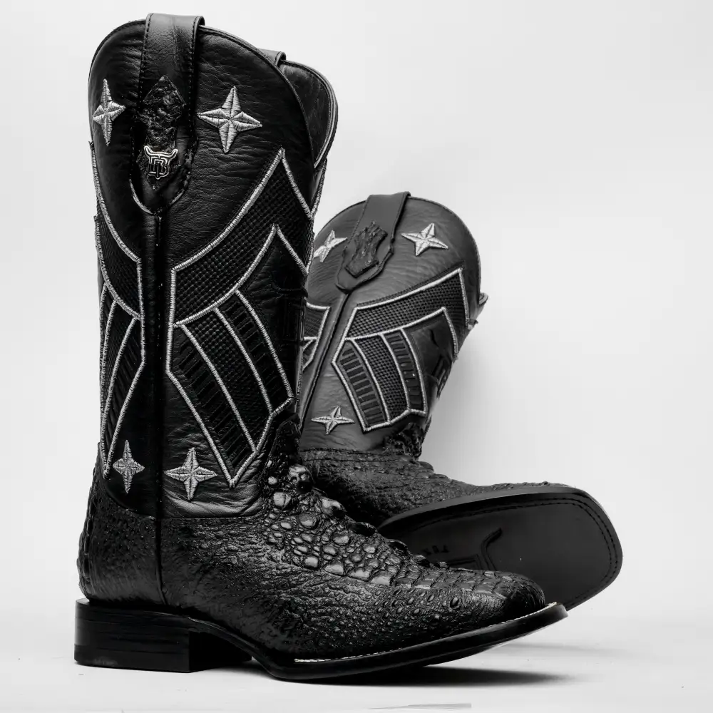 Black Snapping Turtle Leather Boots - Square Toe