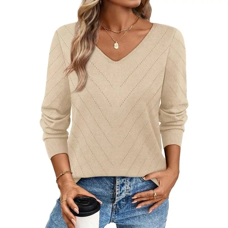 V-Neck Knit Sweater for Women - Apricot Basic Fitted Minimalist Crochet Details Breathable Lightweight Pullover Top
