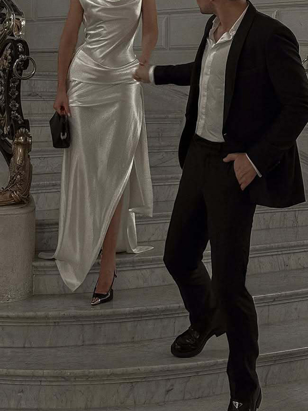 Solid Color Sleeveless Boat Neck Split-Side Satin Evening Maxi Dresses