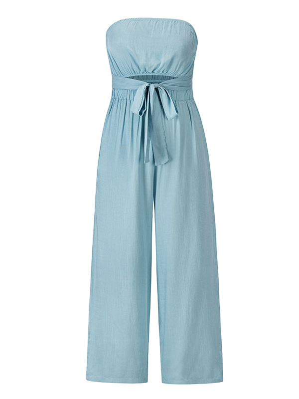 Original Cold Shoulder Tied Solid Color Straight Leg Jumpsuits