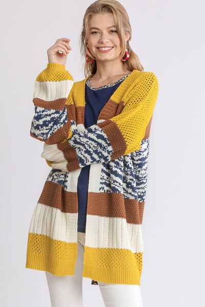 Full Size Color Block Open Front Longline Cardigan