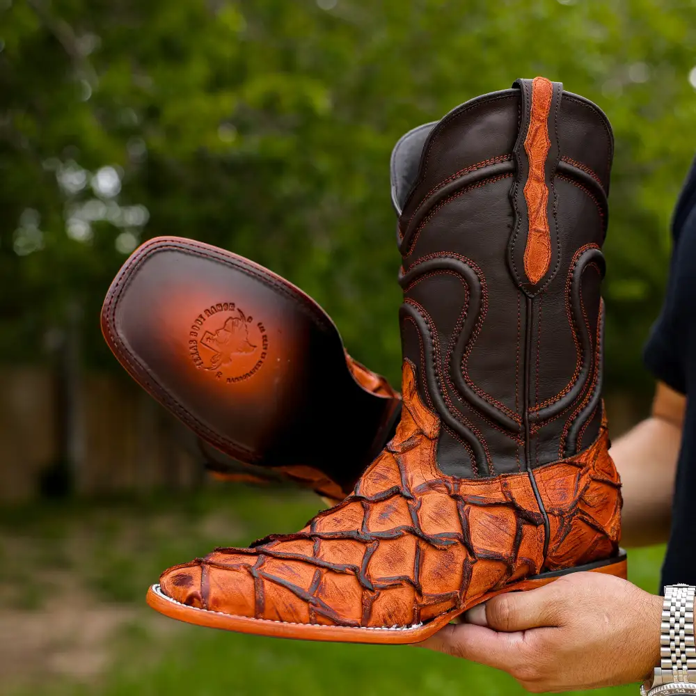 Matte Rustic Cognac Pirarucu Leather Boots - Square Toe