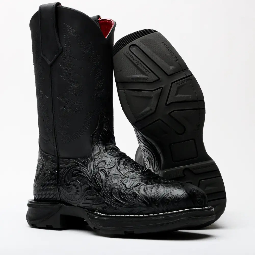 Black Hand-Tooled Leather Boots With 3D Lightweight Sole - Composite Toe