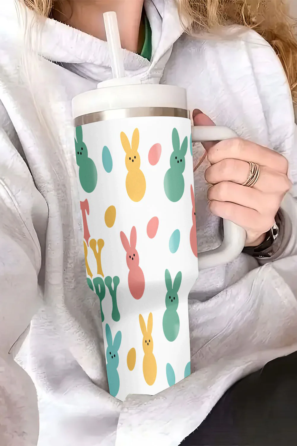 White DONT WORRY BE HOPPY Bunny Print Thermal Tumbler 40oz