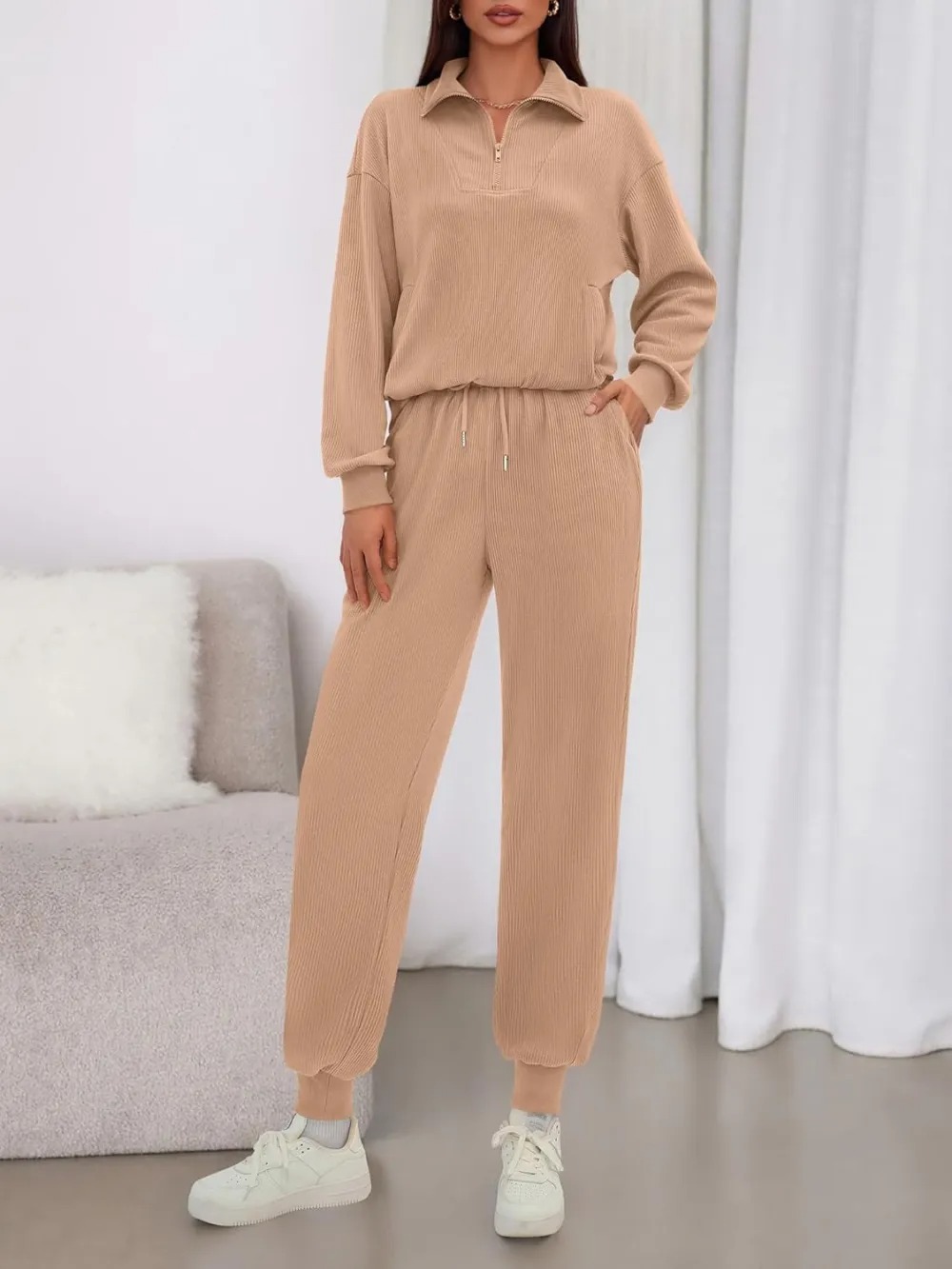 Women's Long Sleeve Half Zip Sweatshirt Sweatpants Lounge Set Sweatsuits with Pockets