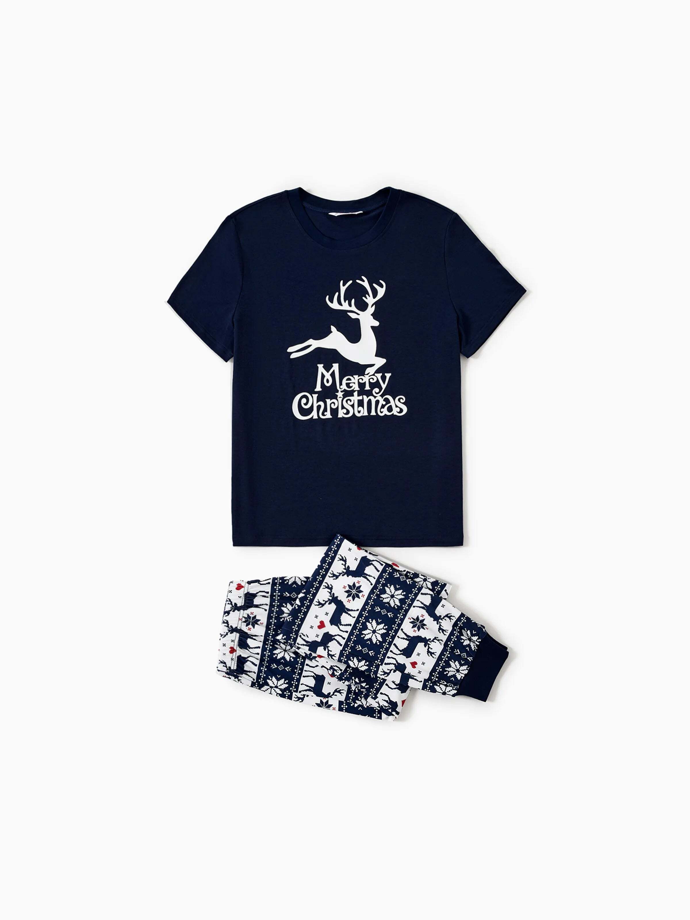 Christmas Reindeer Print Glow in the Dark Family Matching Pajamas Sets with Christmas Socks Deep Blue